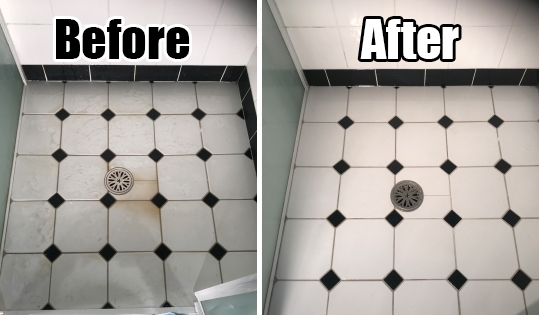 Before and after — black and white tile floor