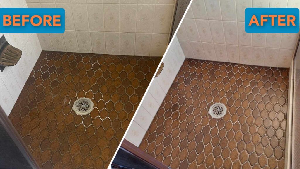 Before and after — hexagonal terracotta tile floor