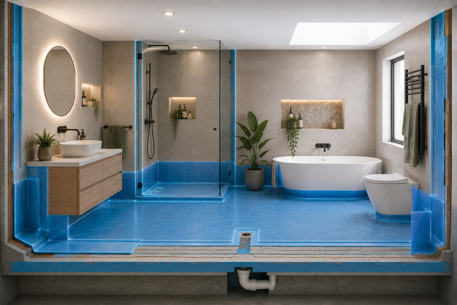 Full bathroom waterproofing coverage diagram